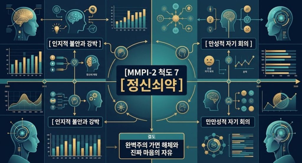 MMPI-2 척도 7 정신쇠약 지표의 강박 및 불안 구조와 만성적 자기 회의 역동을 시각화한 한글 타이틀 포함 테크니컬 인포그래픽 일러스트