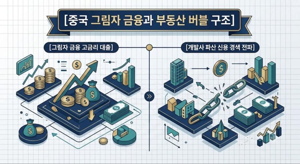 국 그림자 금융의 대출 구조와 부동산 개발사 파산 전파 경로를 한글 타이틀로 명시한  인포그래픽 구조도