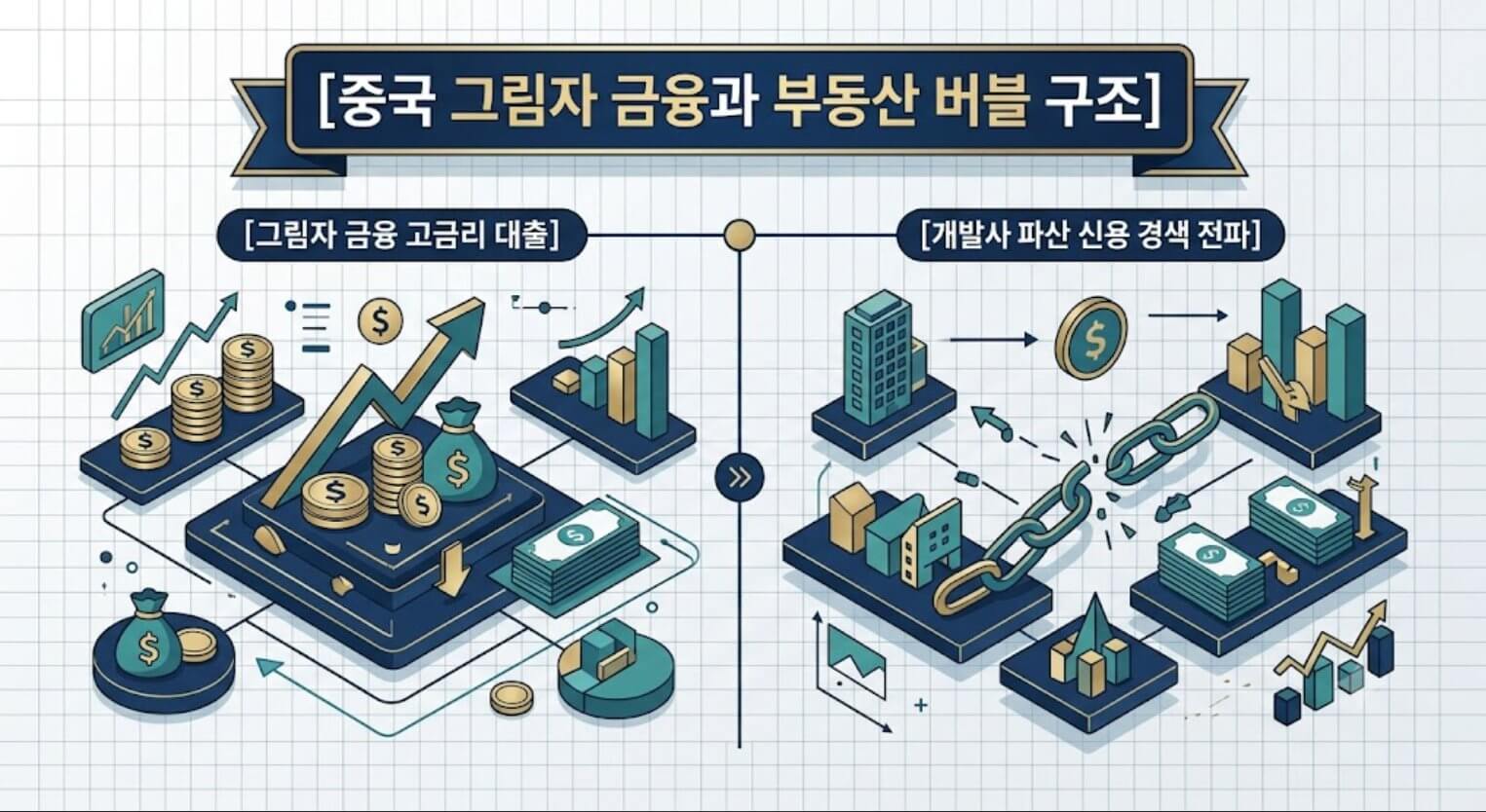 국 그림자 금융의 대출 구조와 부동산 개발사 파산 전파 경로를 한글 타이틀로 명시한 인포그래픽 구조도