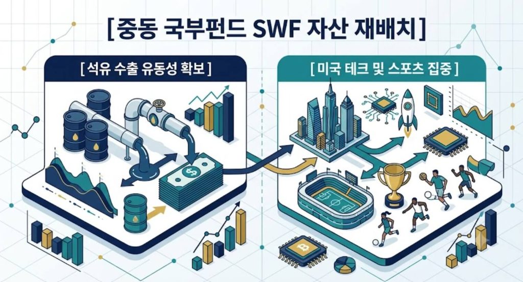 중동 국부펀드(SWF)의 자산 재배치 구조와 글로벌 자본 집중 경로를 한글 타이틀로 명시한 인포그래픽 구조도