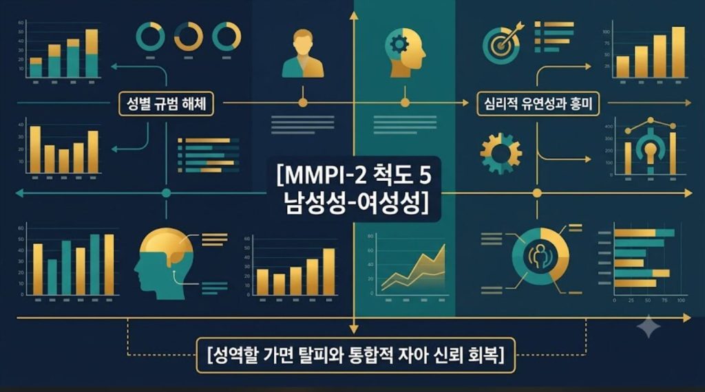 MMPI-2 척도 5 남성성-여성성 지표의 성역할 가면 탈피 구조 및 심리적 유연성 역동을 시각화한 한글 타이틀 포함 테크니컬 인포그래픽 일러스트