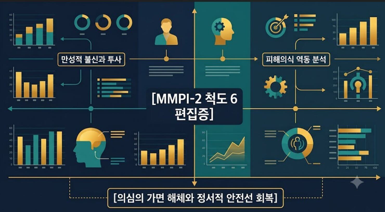 MMPI-2 척도 6 편집증 지표의 투사 방어 구조 및 만성적 불신 역동을 시각화한 한글 타이틀 포함 테크니컬 인포그래픽 일러스트