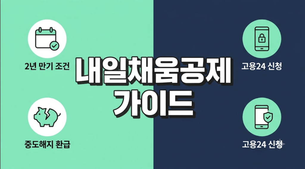 세련된 연민트와 남색 분할 배경 위에 굵은 고딕체로 "내일채움공제 가이드"라는 한글 문구가 크게 적혀 있고, 2년 만기 조건, 중도해지 환급, 고용24 신청 3가지 정보가 정갈한 일러스트 아이콘으로 깔끔하게 정리된 블로그 대표 썸네일 이미지.