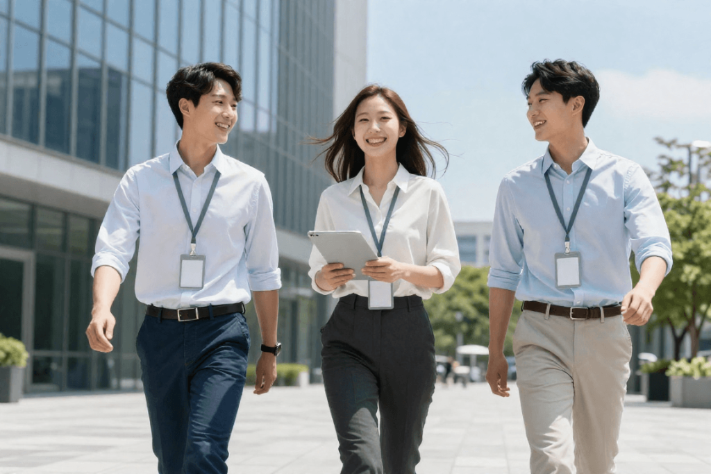 세련된 빌딩 숲 광장에서 밝은 미소로 함께 걸어가며 당당하고 희망찬 커리어를 이어나가는 사회초년생들의 싱그러운 여름 실사 사진.