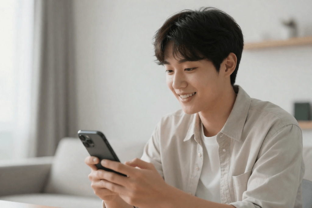 스마트폰 모바일 앱으로 청약통장을 확인하며 미소 짓는 청년의 모습