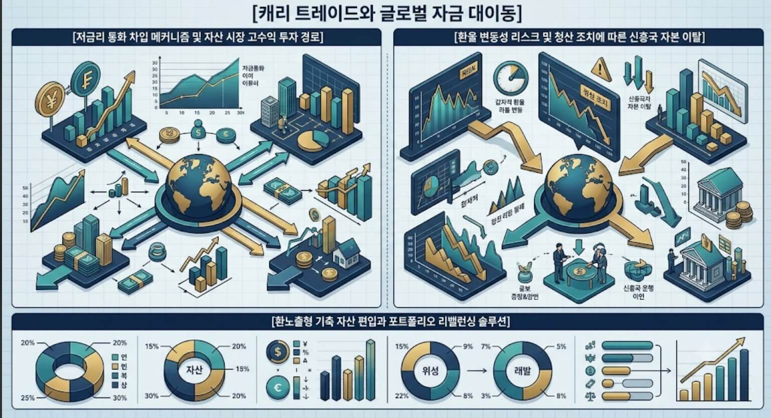 캐리 트레이드 자본 차익 거래의 전파 경로와 외환 시장 규제 단계 및 개인의 포트폴리오 분산 솔루션을 한글 타이틀로 명시한 인포그래픽 구조도