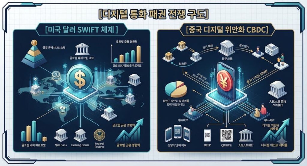 디지털 통화 패권 전쟁의 미국 달러 체제와 중국 CBDC 결제망 구도를 한글 타이틀로 명시한 인포그래픽 구조도