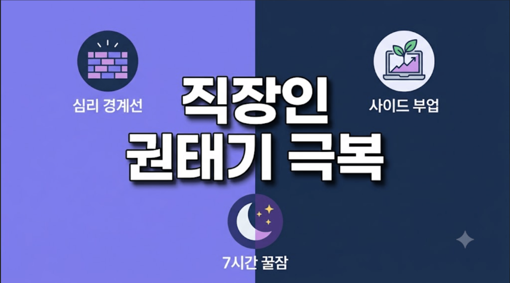 파스텔톤 보라와 남색 분할 배경 위에 굵은 고딕체로 "직장인 권태기 극복"이라는 큰 제목이 박혀 있고, 심리 경계선, 사이드 부업, 7시간 꿀잠 3대 수칙 정보가 직관적인 일러스트 아이콘으로 깔끔하게 정리된 고가독성 블로그 대표 썸네일 이미지.