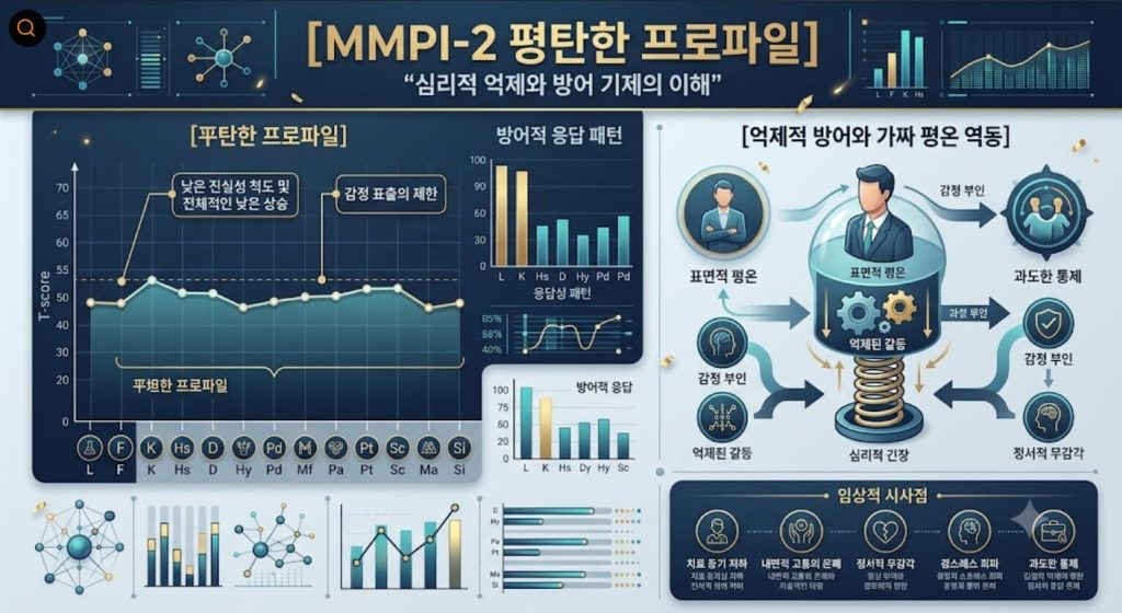 MMPI-2 평탄한 프로파일의 수평적 수치 구조와 억제적 방어 역동을 시각화한 한글 타이틀 포함 테크니컬 인포그래픽 일러스트