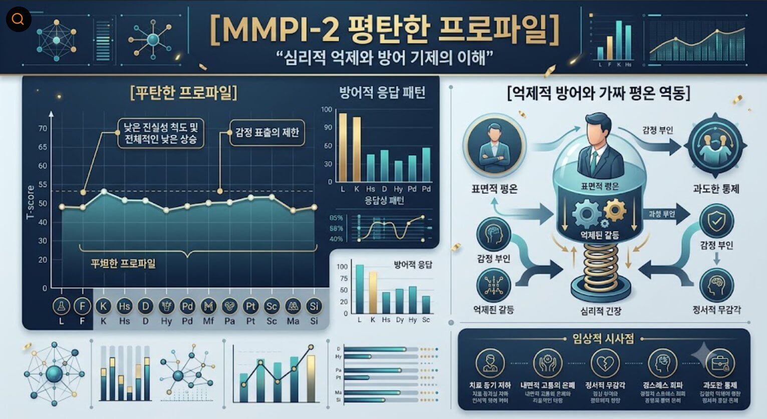 MMPI-2 평탄한 프로파일의 수평적 수치 구조와 억제적 방어 역동을 시각화한 한글 타이틀 포함 테크니컬 인포그래픽 일러스트