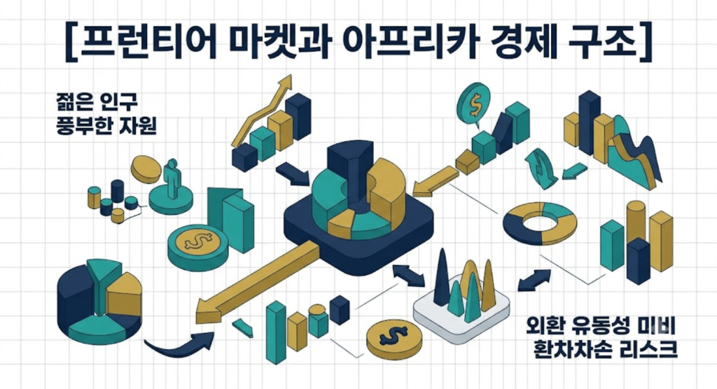 글로벌 프런티어 마켓의 성장 동력과 외환 유동성 리스크 경로를 한글 타이틀로 명시한 인포그래픽 구조도