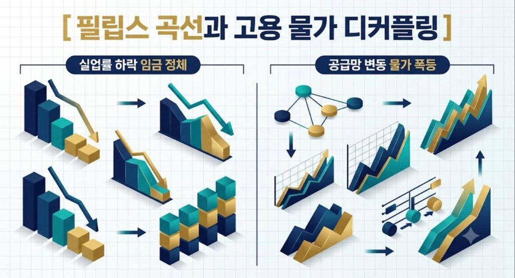 필립스 곡선의 전통적 상충 관계 붕괴 경로와 현대 노동 구조 변화에 따른 영향도를 한글 타이틀로 명시한 인포그래픽 구조도