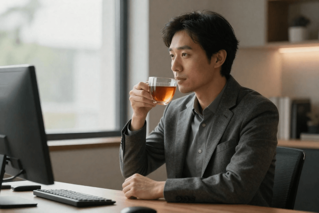 하락장 속에서 차분하게 마음을 다스리며 투자 전략을 구상하는 투자자의 모습