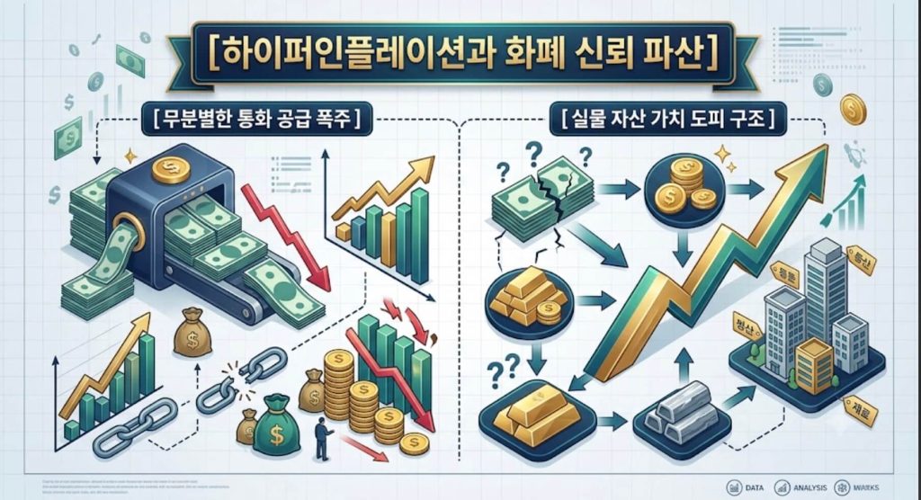 하이퍼인플레이션 발생 경로와 통화 공급 폭주 단계 및 실물 자산 도피 구조를 한글 타이틀로 명시한 인포그래픽 구조도