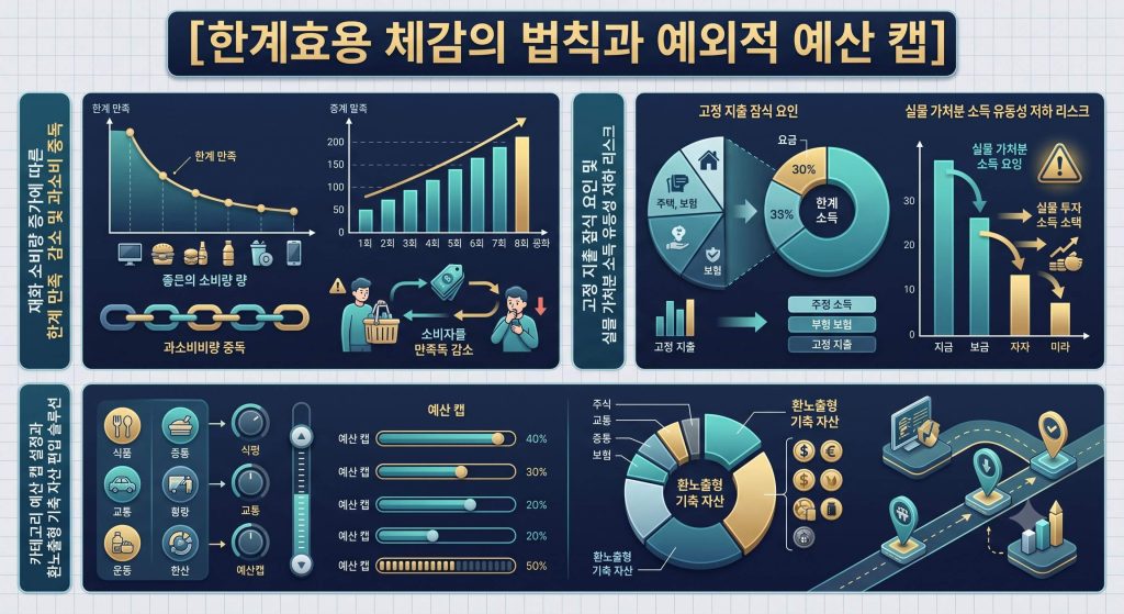 한계효용 체감의 법칙에 따른 만족도 감소 추이와 가계부 예산 캡(Cap) 가동에 따른 유동성 방어 경로를 한글 타이틀로 명시한 통합 요약 인포그래픽 구조도