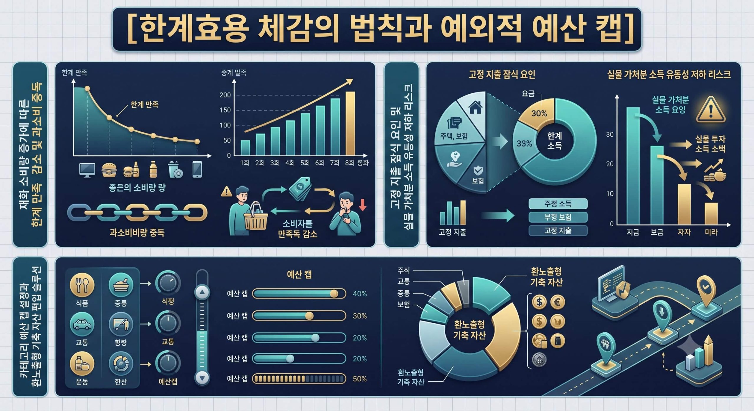 한계효용 체감의 법칙에 따른 만족도 감소 추이와 가계부 예산 캡(Cap) 가동에 따른 유동성 방어 경로를 한글 타이틀로 명시한 고밀도 통합 요약 인포그래픽 구조도