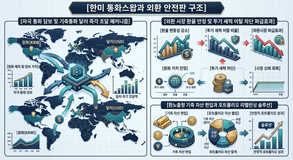 통화스왑 거래의 자금 공급 경로와 외환 시장 규제 단계 및 개인의 포트폴리오 분산 솔루션을 한글 타이틀로 명시한 통합 요약 인포그래픽 구조도