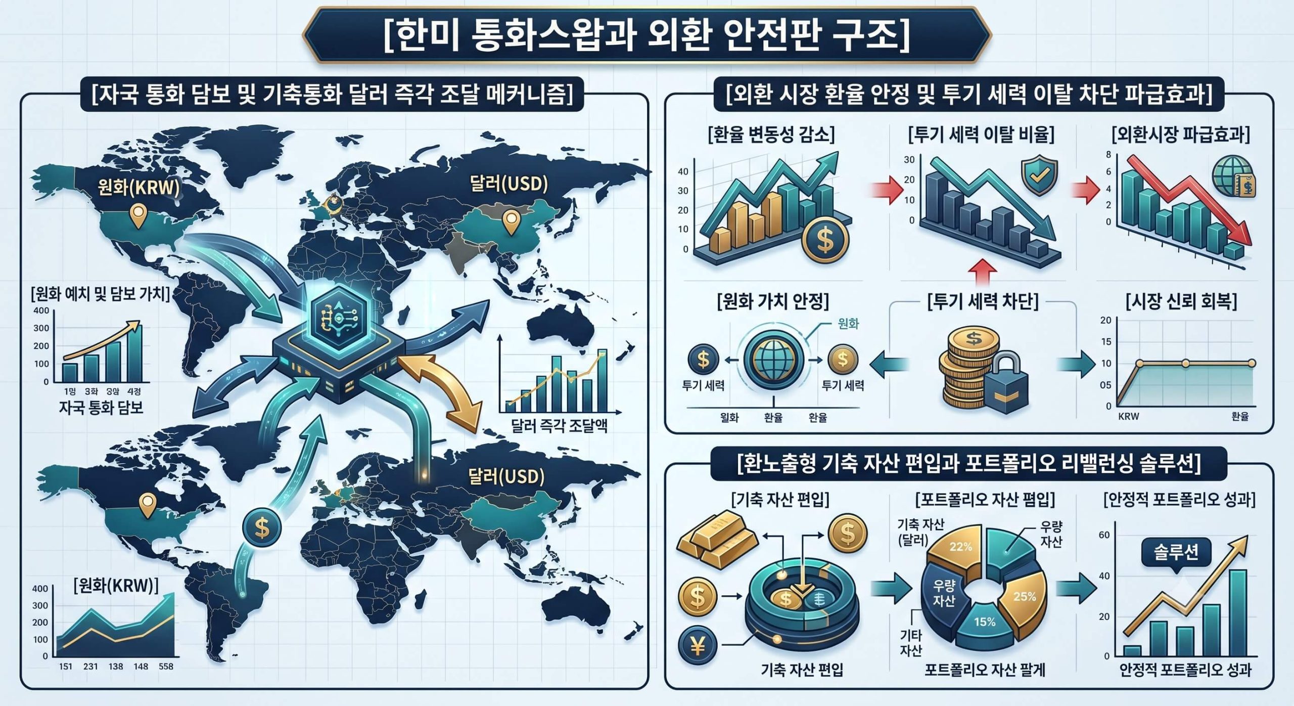 통화스왑 거래의 자금 공급 경로와 외환 시장 규제 단계 및 개인의 포트폴리오 분산 솔루션을 한글 타이틀로 명시한 통합 요약 인포그래픽 구조도