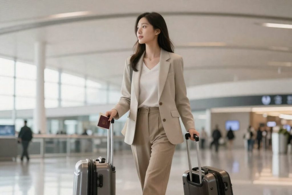 해외 공항 터미널에서 여권을 들고 탑승을 기다리는 안심한 표정의 여행자 모습
