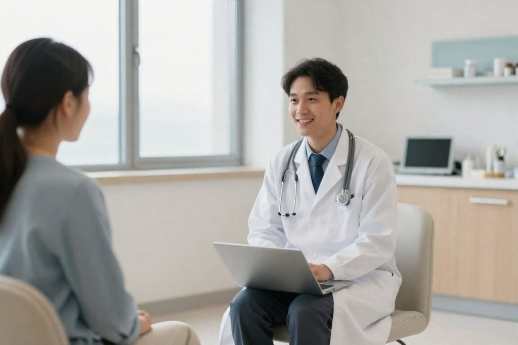 해외 현지 병원에서 의사와 안심하고 상담을 받는 여행객의 모습