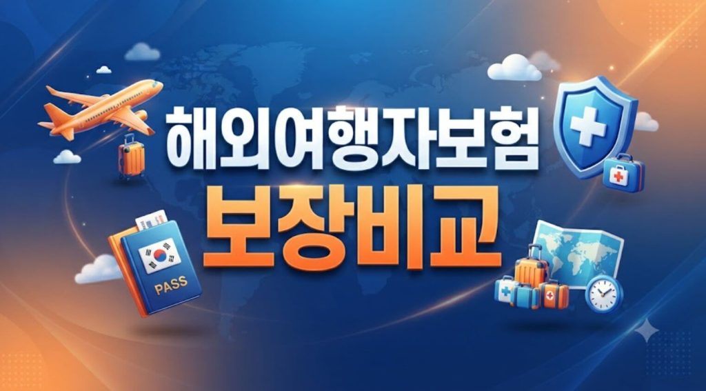 "해외여행자보험 보장비교" 글자가 명확하게 새겨진 해외여행 안전 및 보험 썸네일 그래픽