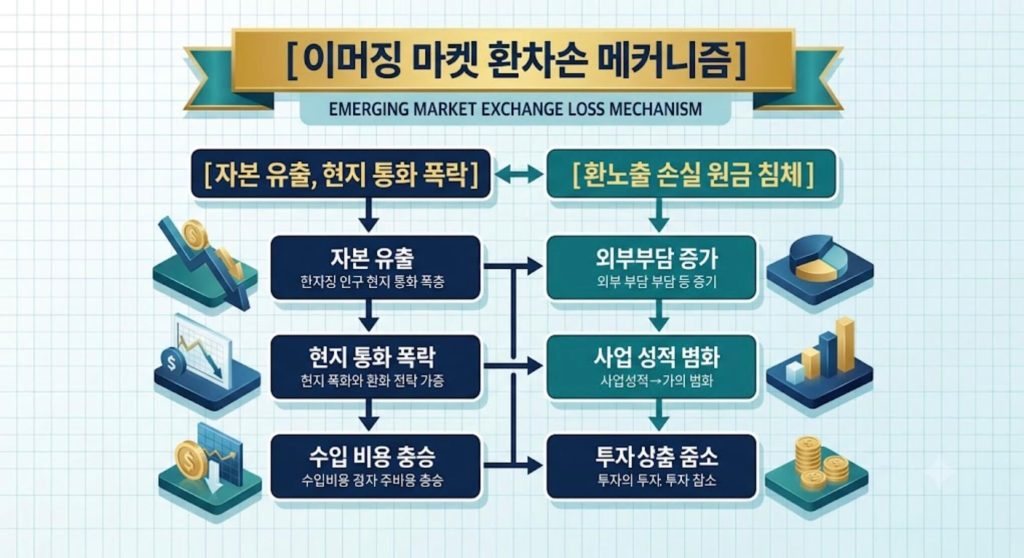이머징 마켓 자본 유출과 환차손 발생 경로를 한글 타이틀로 명시한 인포그래픽 구조도