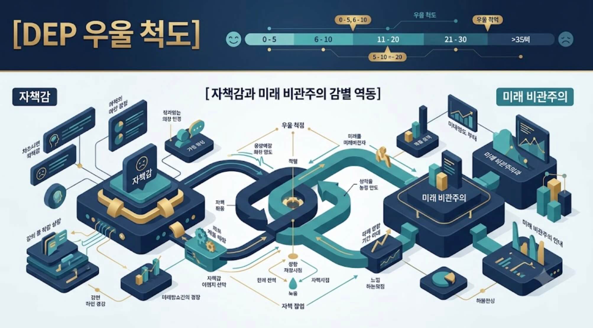 MMPI-2 DEP(우울) 내용 척도의 자책감과 미래 비관주의 감별 구조가 포함된 한글 타이틀 테크니컬 인포그래픽