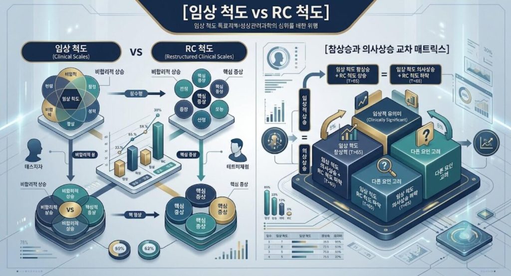 MMPI-2 임상 척도와 RC 척도의 교차 판독 매트릭스 및 의사상승 감별 구조 시각화