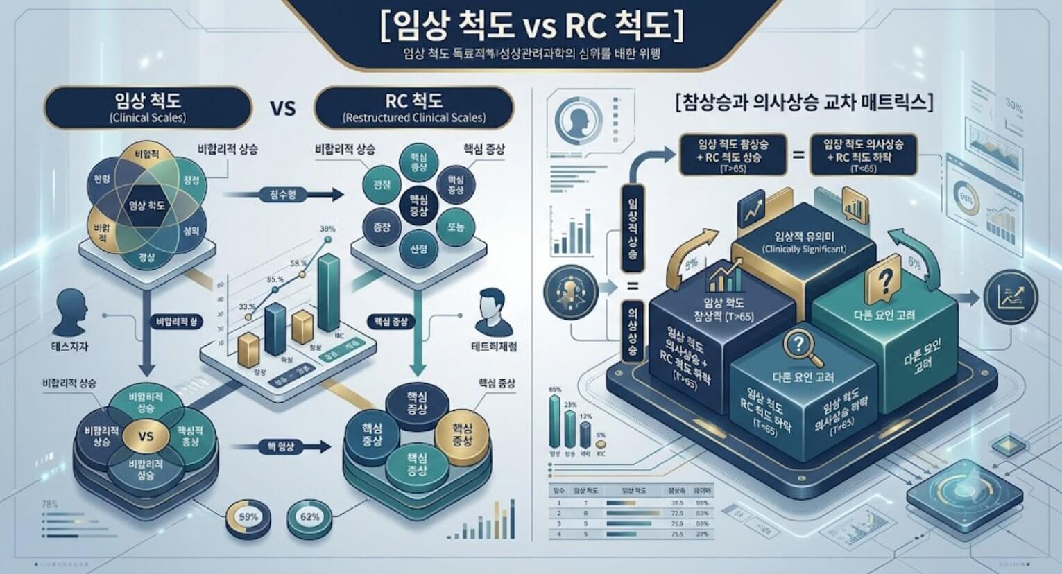 MMPI-2 임상 척도와 RC 척도의 교차 판독 매트릭스 및 의사상승 감별 구조를 시각화한 한글 타이틀 포함 테크니컬 인포그래픽 일러스트