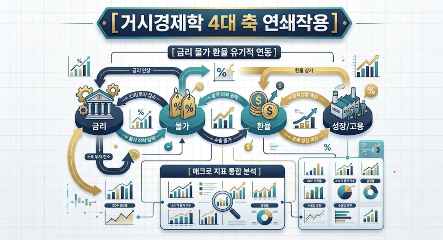 거시경제학 4대 핵심 축의 연쇄작용 구조를 한글 타이틀로 명시한 인포그래픽 구조도
