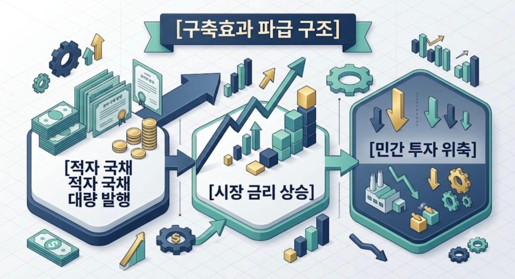구축효과의 국채 발행과 시장 금리 상승 및 민간 투자 위축 전파 경로를 시각화한 구조적 인포그래픽