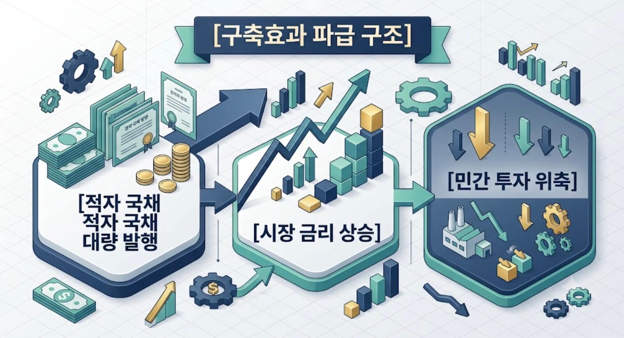 구축효과의 국채 발행과 시장 금리 상승 및 민간 투자 위축 전파 경로를 한글 타이틀과 함께 시각화한 구조적 인포그래픽