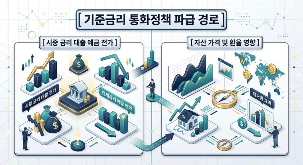 기준금리 인상 및 인하에 따른 통화정책 파급 경로와 시중 경제 영향을 명시한 인포그래픽 구조도