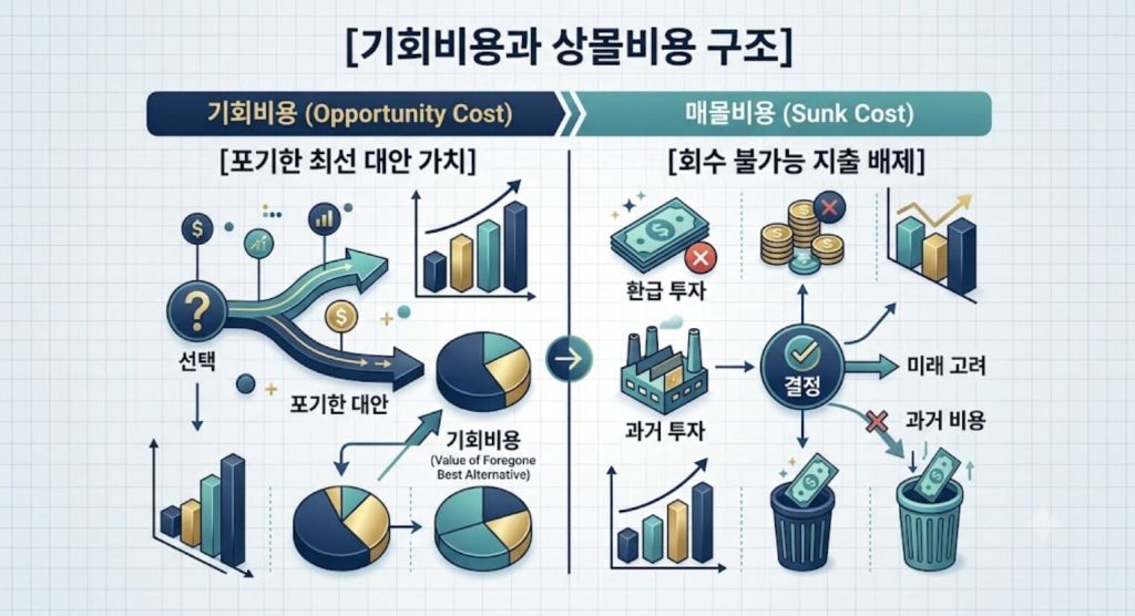 기회비용과 상몰비용의 정의 및 합리적 의사결정 경로를 명시한 인포그래픽 구조도