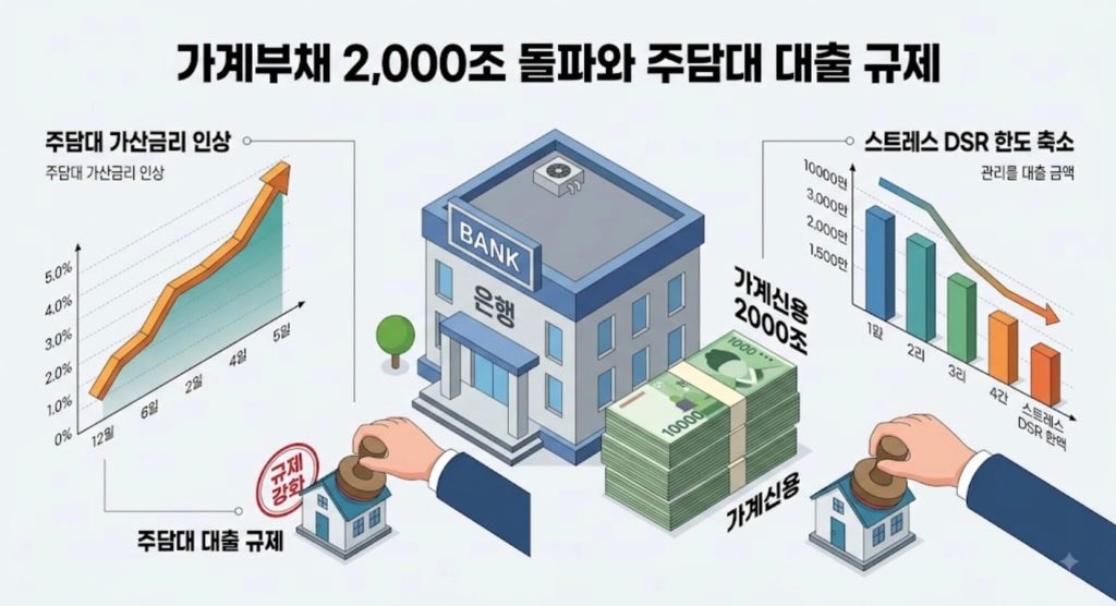 가계부채 2,000조 원 돌파와 주택담보대출 가산금리 및 한도 축소 영향을 정리한 한글 인포그래픽
