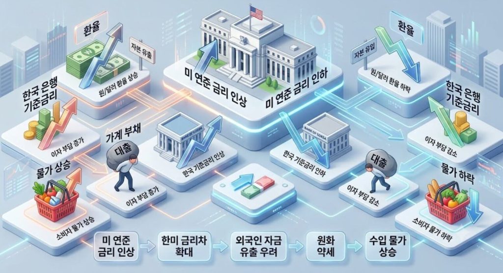 미 연준 금리 결정이 한국 경제 및 가계부채에 미치는 영향을 나타낸 3D 인포그래픽