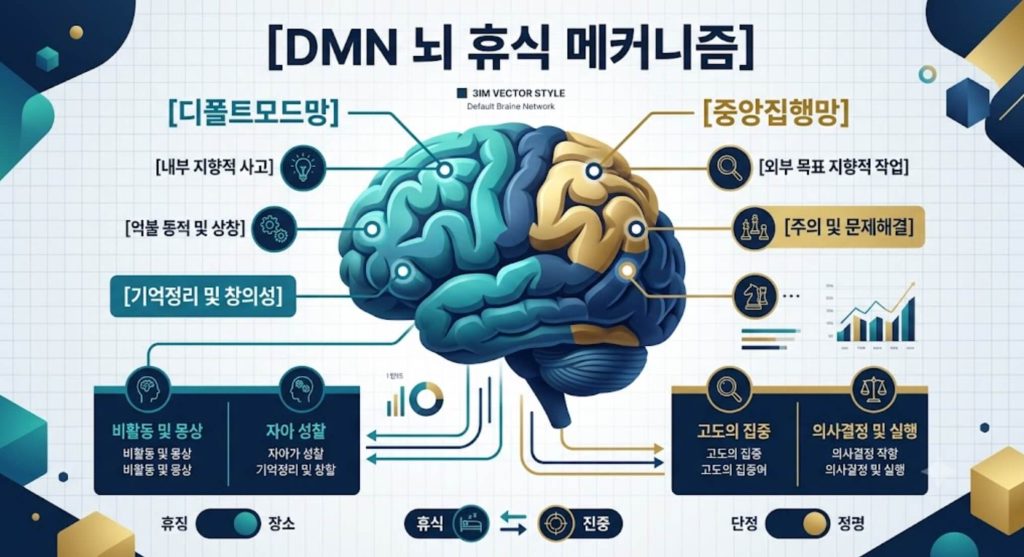 DMN 디폴트 모드 네트워크의 뇌 휴식 메커니즘 한글 인포그래픽