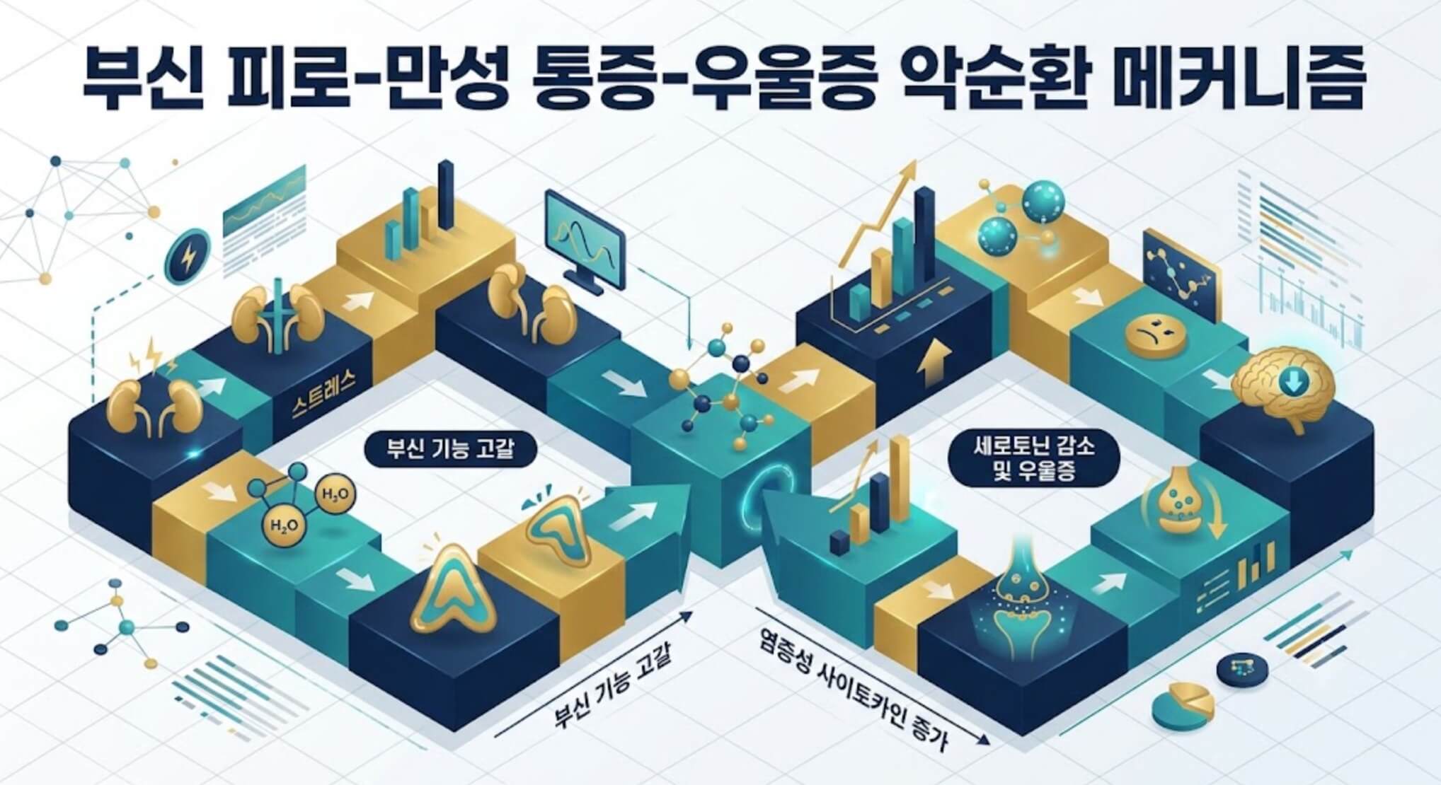 부신 피로와 만성 통증 및 우울증의 악순환 메커니즘을 설명하는 한글 인포그래픽
