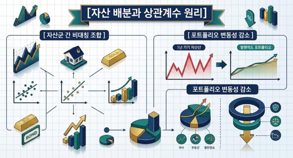 자산 배분의 상관계수 작동 원리와 변동성 감소 메커니즘을 한글 타이틀로 명시한 인포그래픽 구조도