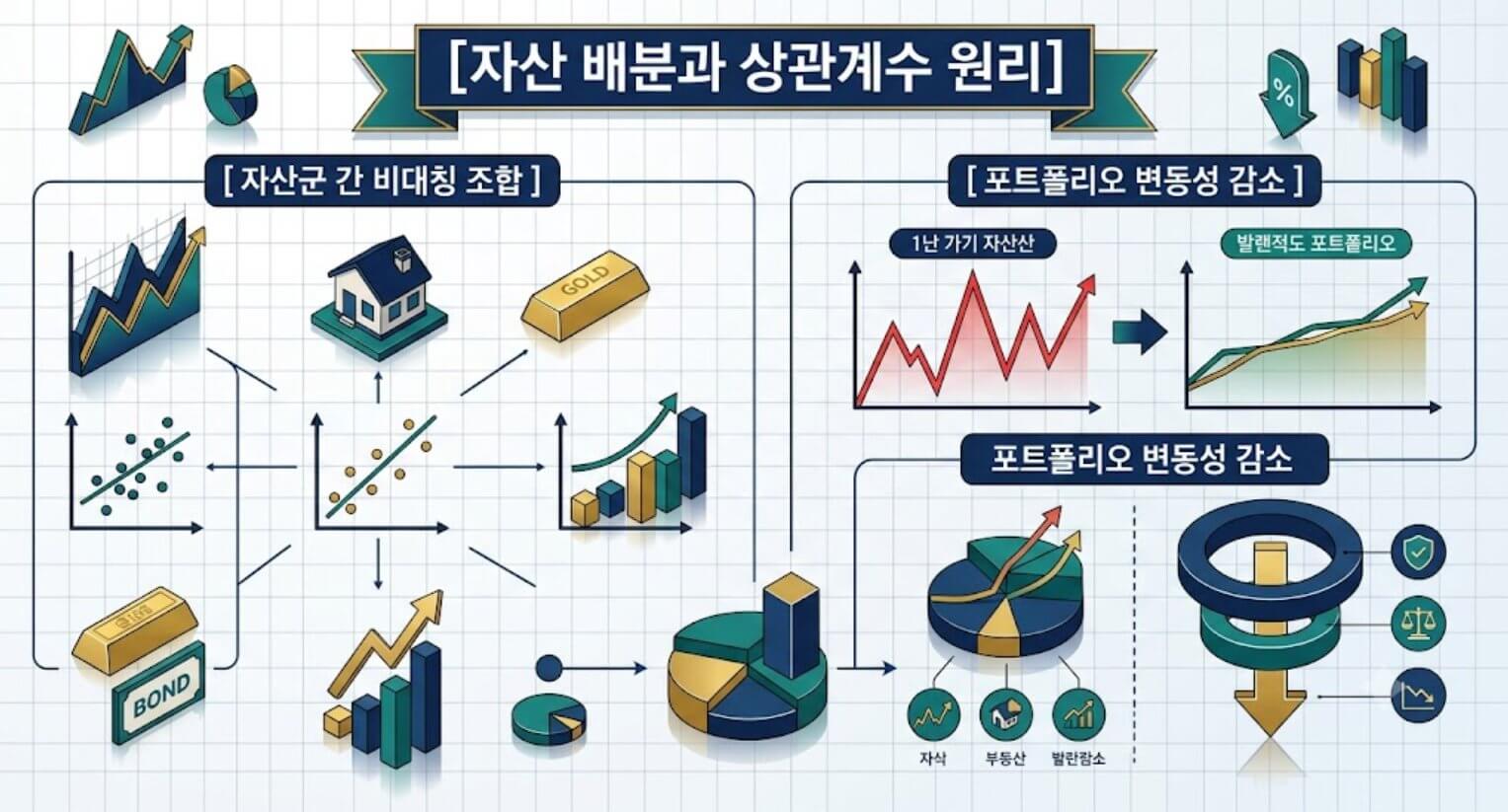 자산 배분의 상관계수 작동 원리와 변동성 감소 메커니즘을 한글 타이틀로 명시한 인포그래픽 구조도