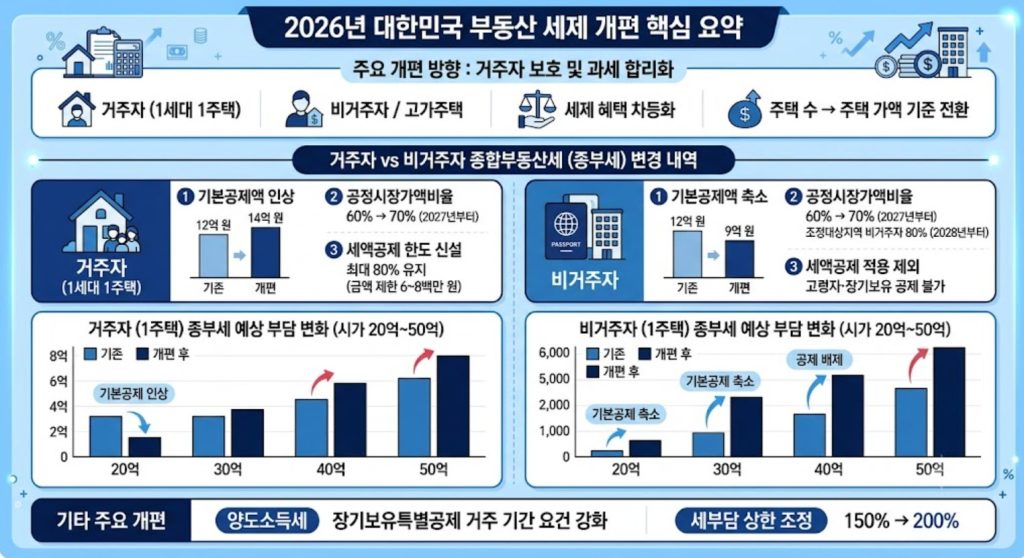 2026년 부동산 세제개편에 따른 양도세 거주공제 비율 변화를 나타낸 한글 3D 인포그래픽