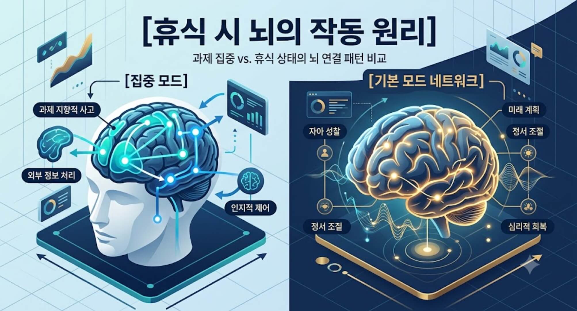 아무것도 하지 않을 때 뇌의 작동 원리와 기본 모드 네트워크를 설명하는 한글 인포그래픽