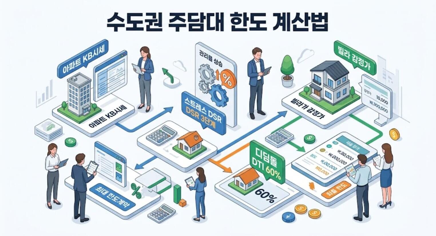 수도권 청년 아파트 빌라 주택담보대출 한도 계산 및 DSR 규제 핵심 한글 인포그래픽