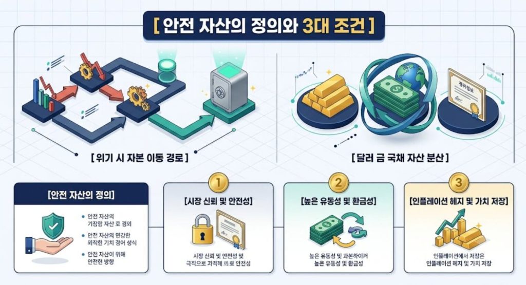 안전 자산의 정의 및 3대 조건과 위기 발생 시 자본 이동 경로를 명시한 인포그래픽 구조도