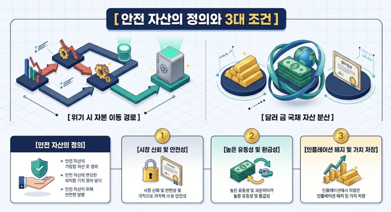 안전 자산의 정의 및 3대 조건과 위기 발생 시 자본 이동 경로를 한글 타이틀로 명시한 인포그래픽 구조도