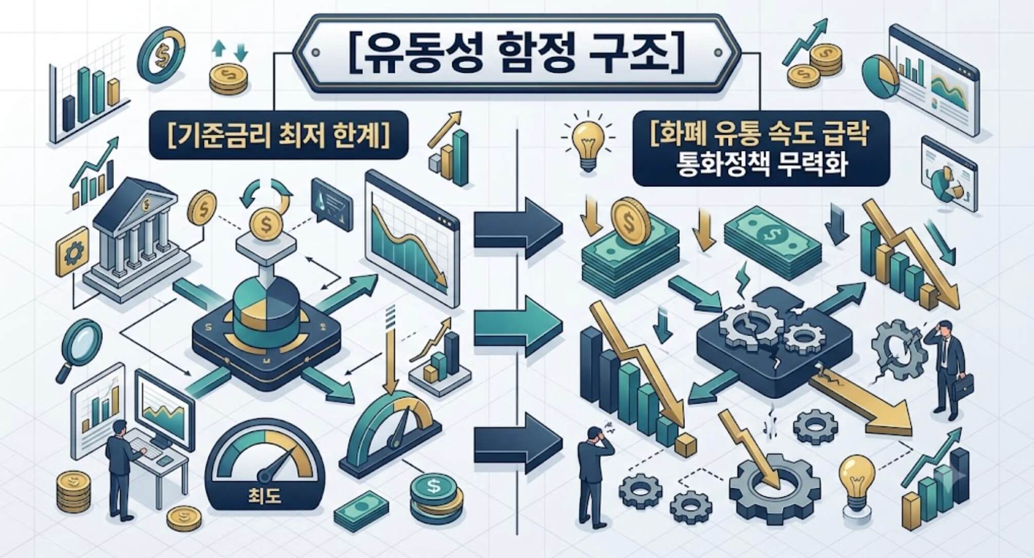유동성 함정의 기준금리 최저 한계와 화폐 유통 속도 급락 및 통화정책 무력화 메커니즘을 한글 타이틀과 함께 시각화한 구조적 인포그래픽