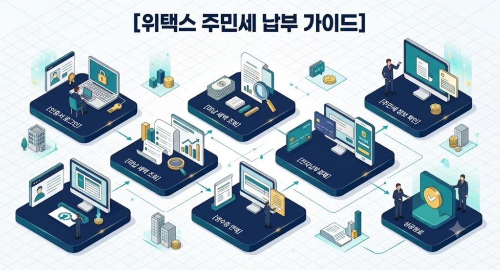 위택스 주민세 고지서 재발급 및 온라인 납부 절차 안내 한글 인포그래픽