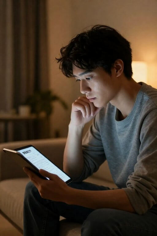 태블릿으로 고지서를 확인하는 청년 1인가구의 모습 실사 이미지