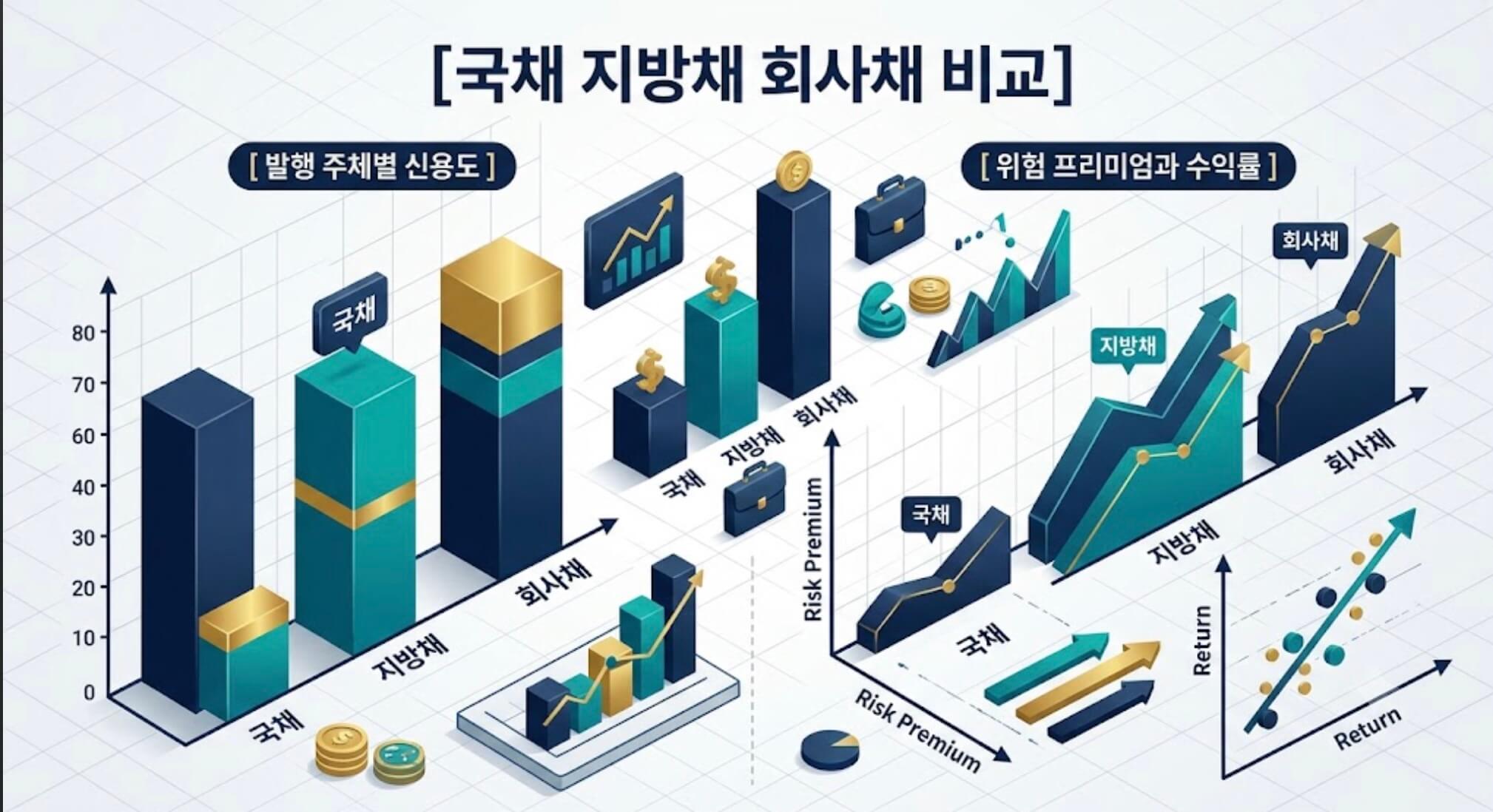 국채, 지방채, 회사채의 발행 주체별 신용도와 위험 프리미엄 및 수익률 구도를 한글 타이틀과 함께 시각화한 구조적 인포그래픽