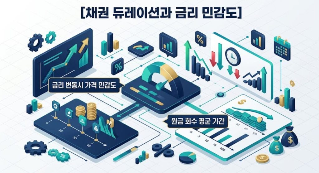 채권 듀레이션의 원리와 금리 변동에 따른 가격 민감도 메커니즘을 설명하는 한글 인포그래픽